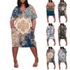 Letní nadměrné velikosti V výstřih krátký rukáv ke kolenům kapsa potisk ležérní šaty pro ženy