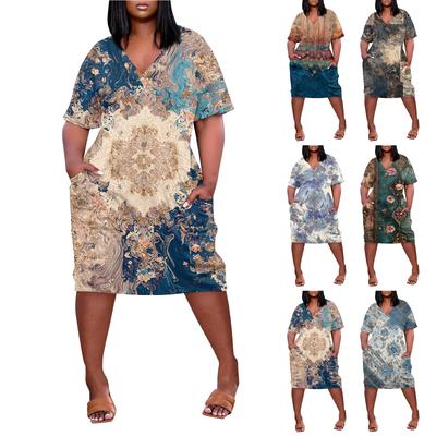 Robe d'été grande taille col V manches courtes genou poche imprimé décontractée pour femmes