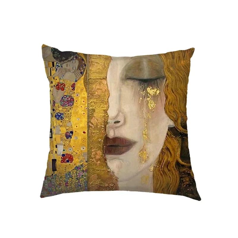 Ölgemälde Kuss von Gustav Klimt Kissenbezug Van Gogh Sternennacht Leinen Kissenbezug Sofa Dekokissenbezüge für Wohnzimmerdekor