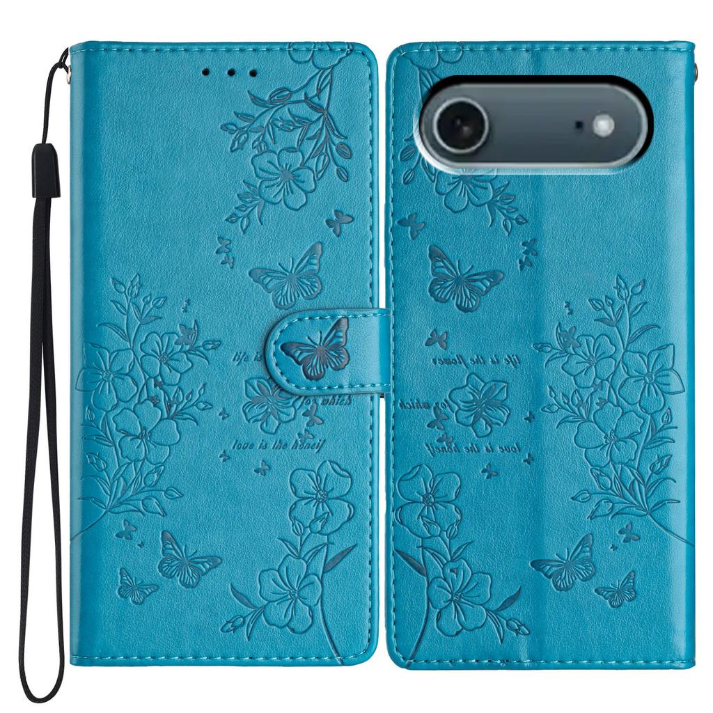 For iPhone 17 Air Wallet Phone Case Butterfly Floral Imprint Leather Flip Cover with Strap