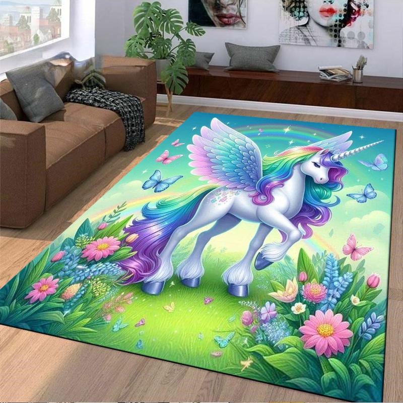 Unicorn Rainbow Wings Carpet with Butterflies and Floral Design Suitable for use as an anti-slip for living room bedroom sofas