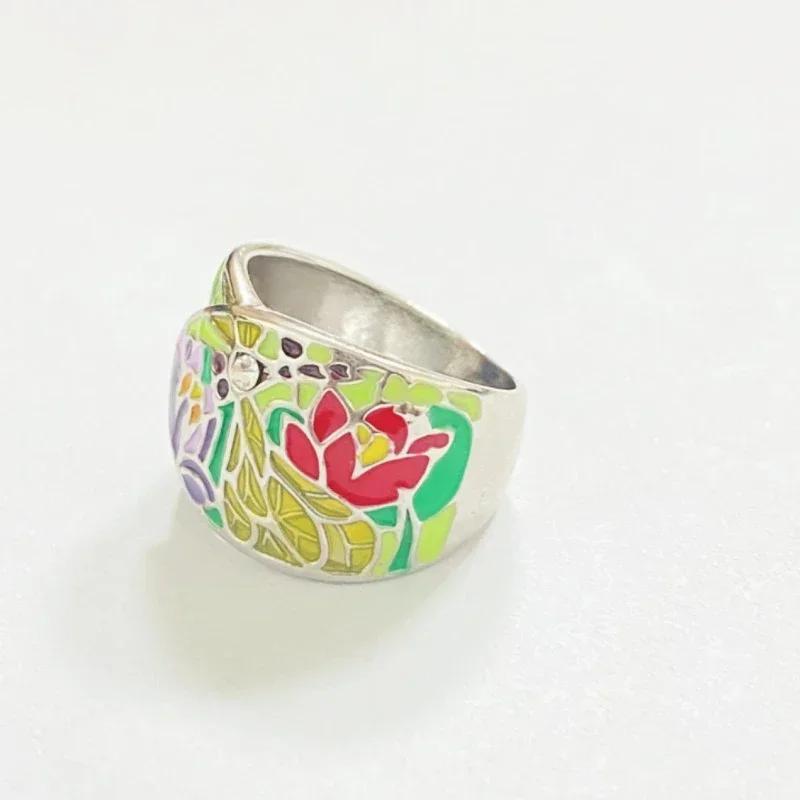 National Style Colored Enamel Retro Inlaid Diamond Universal Ring For Men and Women, Personalized Contrasting Color