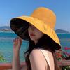 Women Black Glue Lining Sun Hat Hollow Woven Wide Brim Drawstring Foldable Outdoor Beach Uv Protection Cap