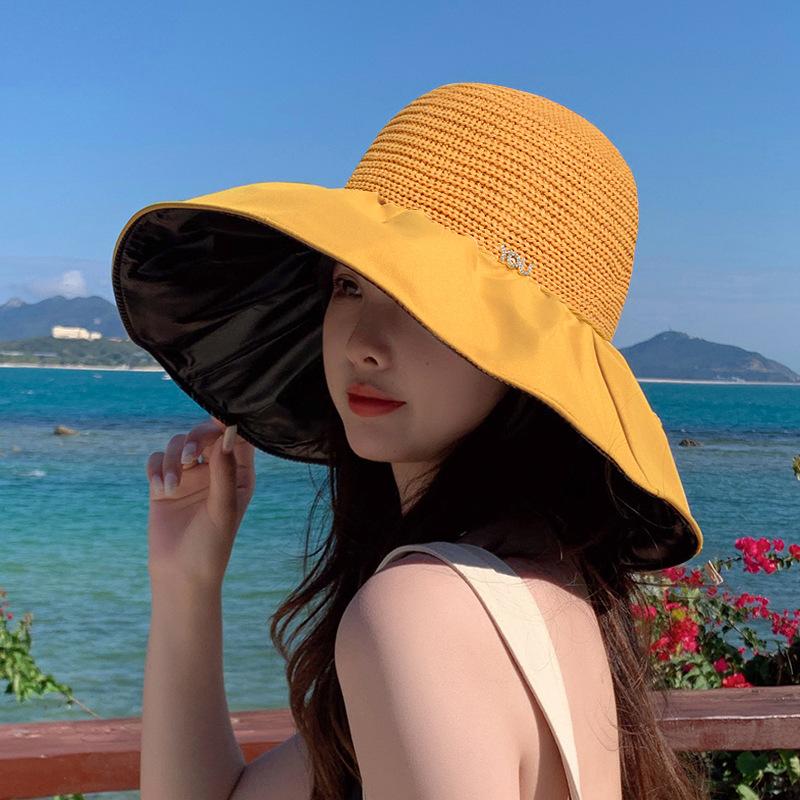Women Black Glue Lining Sun Hat Hollow Woven Wide Brim Drawstring Foldable Outdoor Beach Uv Protection Cap