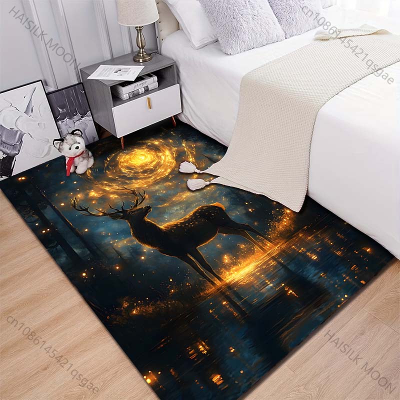 Enchanted Forest Deer Night Carpet for Living Room Bedroom Bedside Floor Mat Cloakroom Children Play Mat Area Rug Large Size