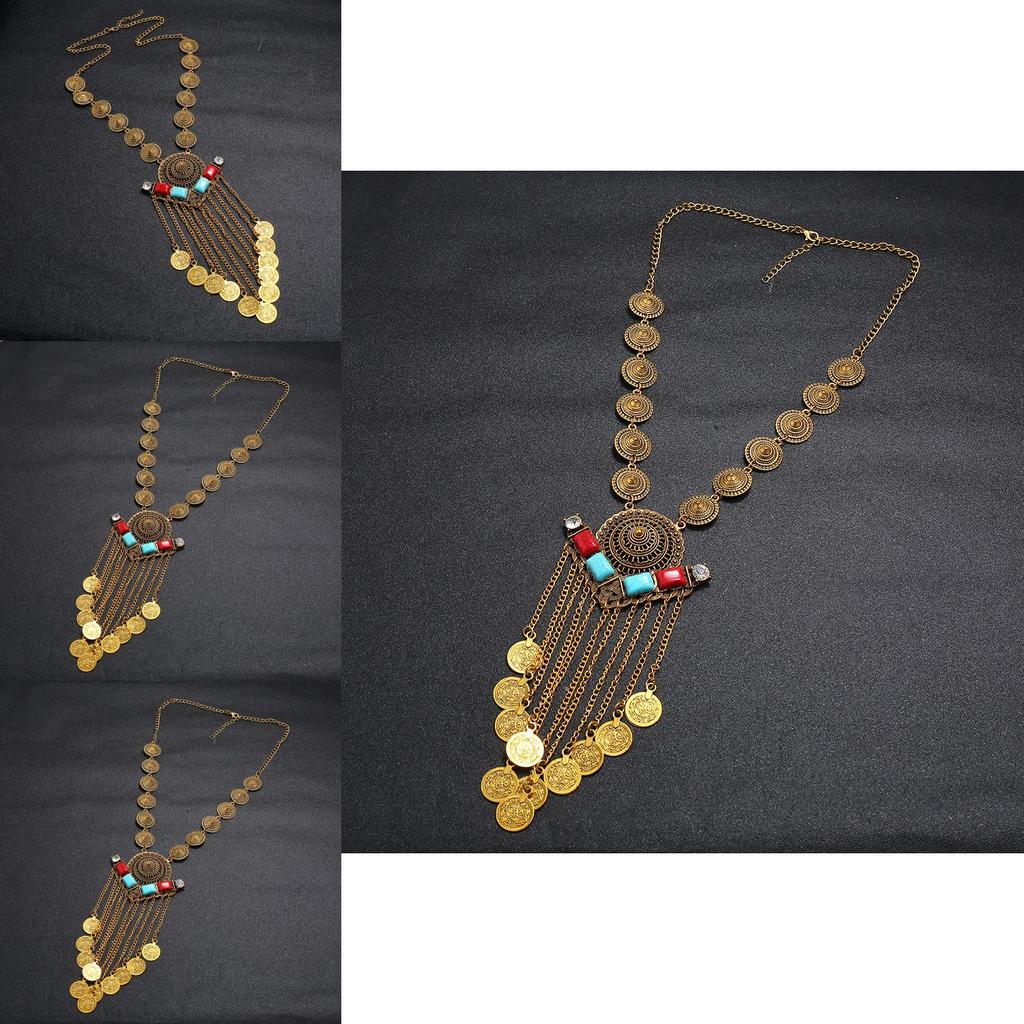 Multilayer Retro Women Coin Long Pendant Necklace With Alloy Chain Waterfall
