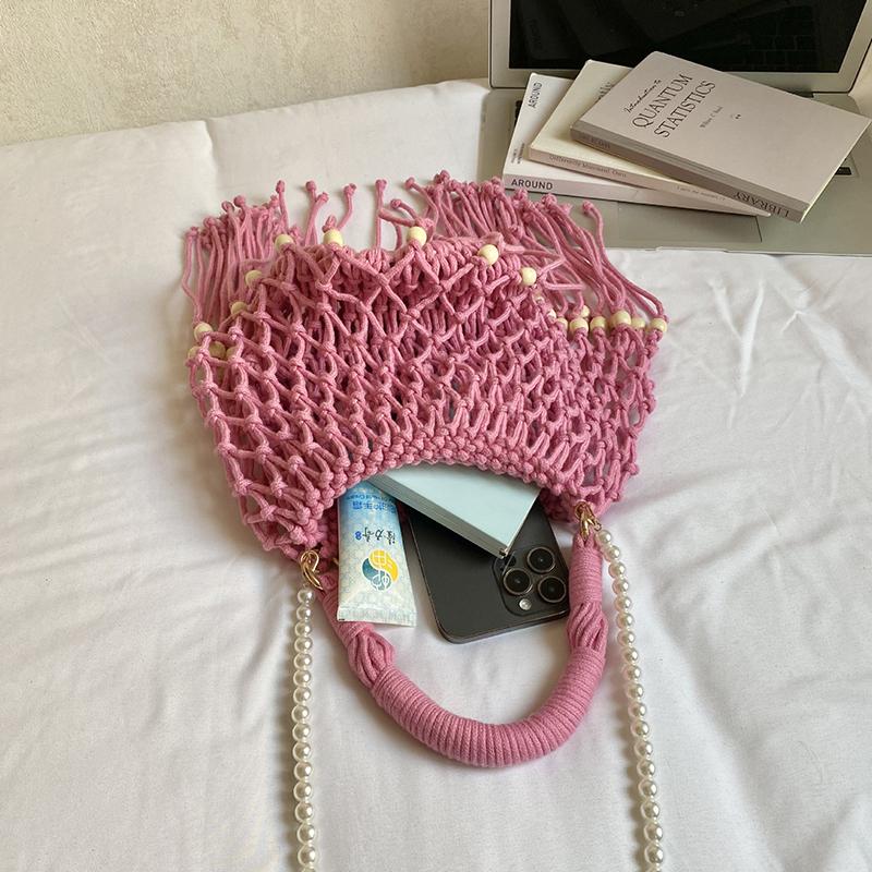 Retro Woven Bucket Bag Bohemian Style Tassel Crossbody Bag Beaded Design Women Niche Pearl Chain Shoulder Bag Beach Vacation Bag
