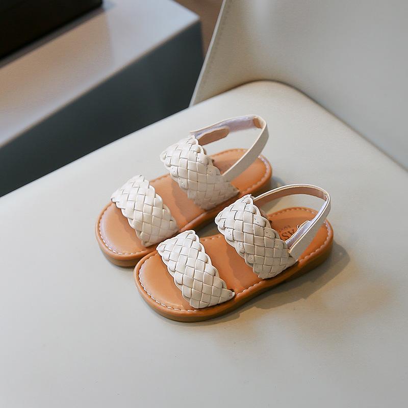 

New Sandals Fashion Versatile Comfort Girls Shoes Soft Non Slip Woven Princess Shoes Beach Casual Flat Child Shoes Zapatos Niña 21insole14cm бежевый