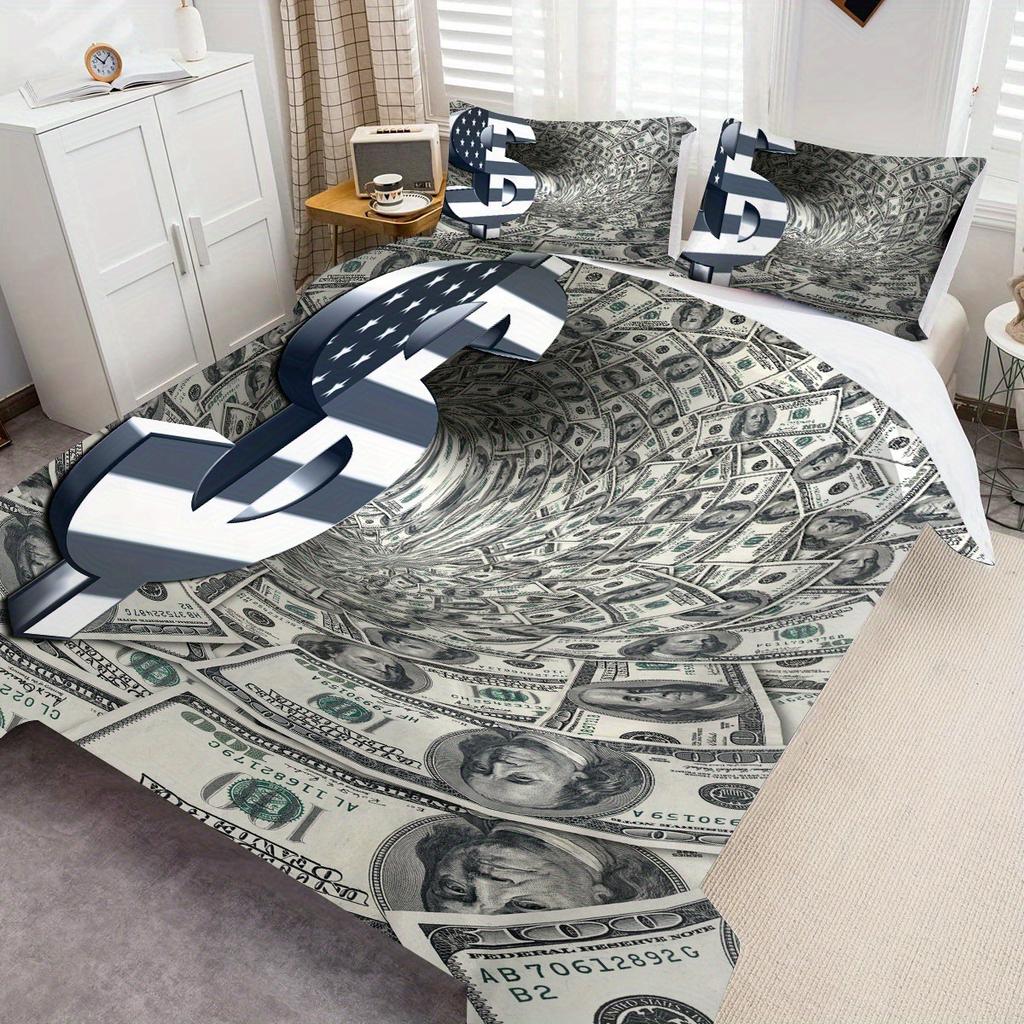 Dollar Printed Duvet Set, Dollar Bill Bedroom Bedding Quilt Set Three-Piece Set