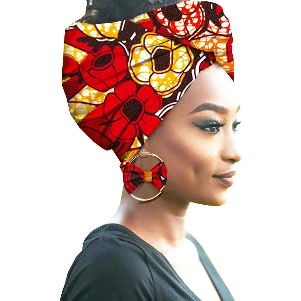 African Print Women Head Bandana Cotton With Matching earring Balaclava Headscarf Bandana Mujer Headband Set Hair Accessories