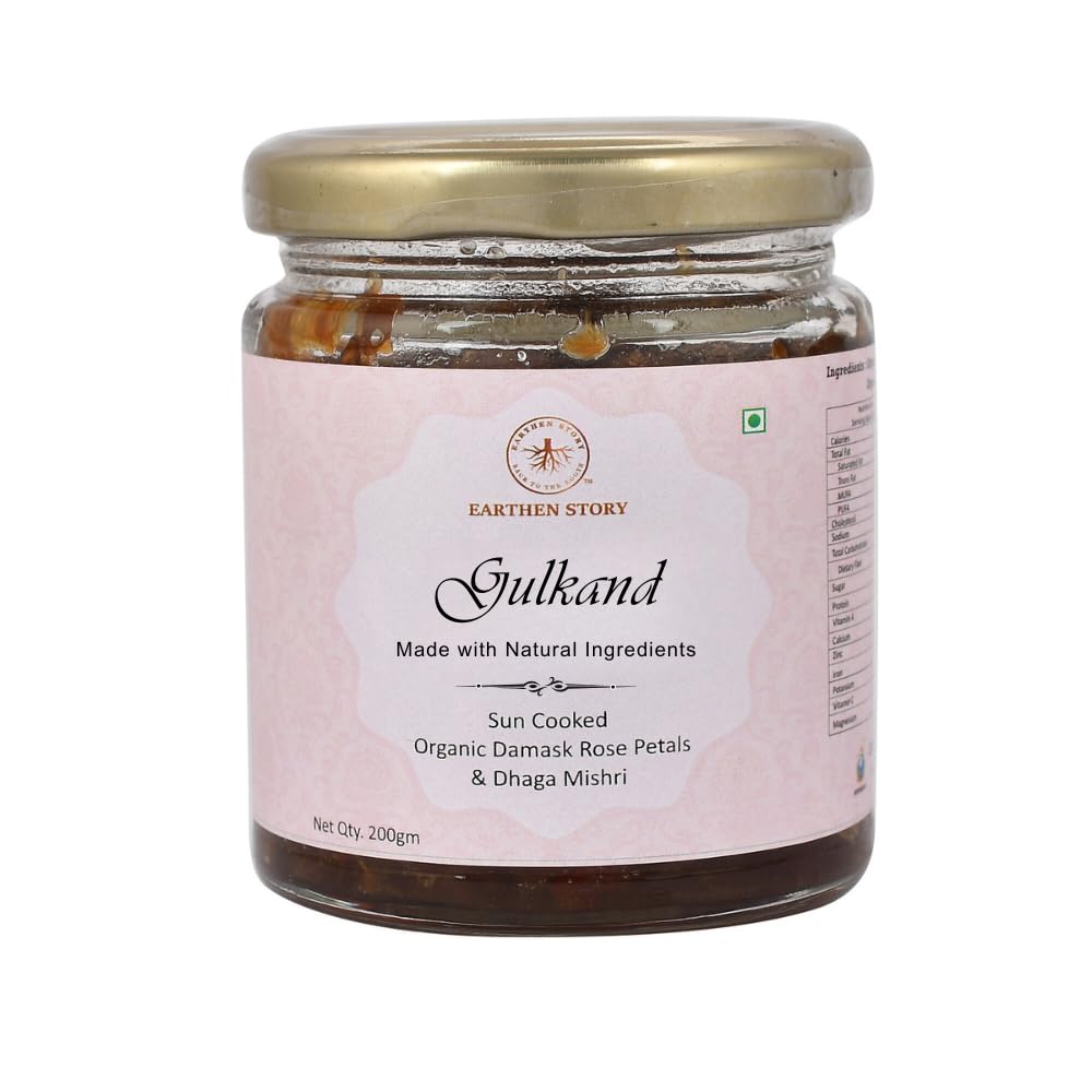 Earthen Story Sun Cooked Gulkand without sugar 200gm | Lab Tested for 290+ Pesticides | Pure Indian Pink Damask Rose & Dhaga Mishri | 100% Natura