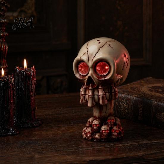 Escape Room Skull Prop Halloween Ornament, with Red LED Eyes Horror Light, Durable Creepy Decoration Resin Decoration, for Haunted Houses Bars
