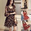 Fashion Women V-Neck Three Quarter Sleeve Flare Sleeve  Printed A-line Dress