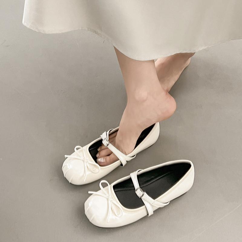 Retro ballet style flat bottom shallow mouth single shoes women's new summer one-pedal bow Mary Jane shoes