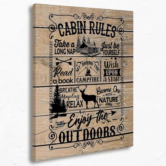 Tizzer Funny Quote Cabin Rules Life Canvas Wall Art Prints,Wood Texture Paintings Prints,11x14 inches Artwork for Cabin Live Themed Decor Bathroom Cabin Rules