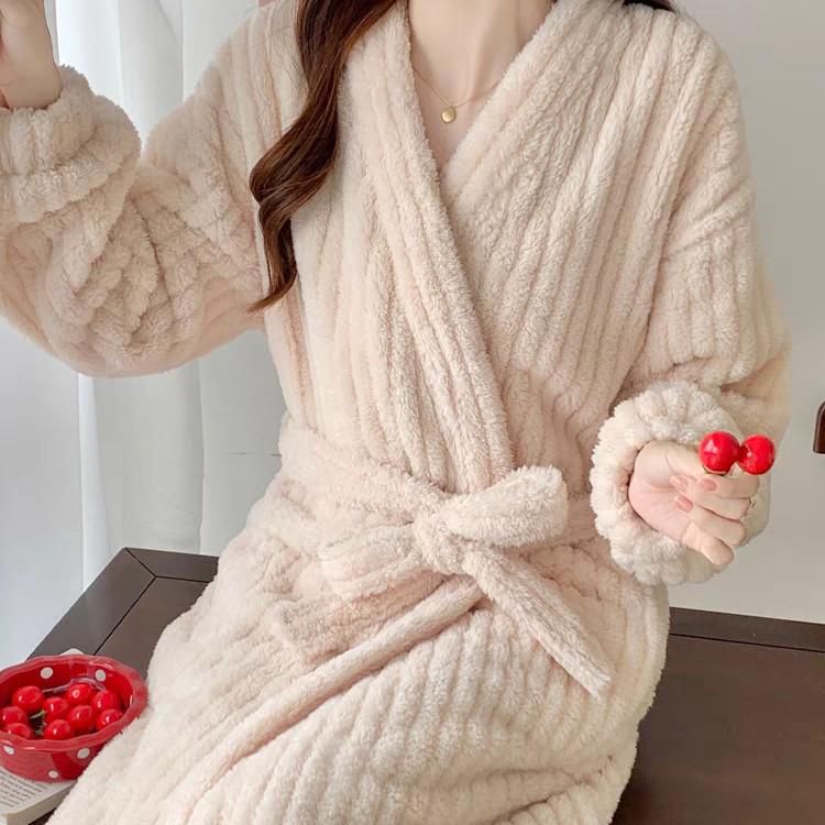 Women's 2025 Autumn/Winter Plush Pajama Set: Vertical Stripe Robe & Lined Nightgown