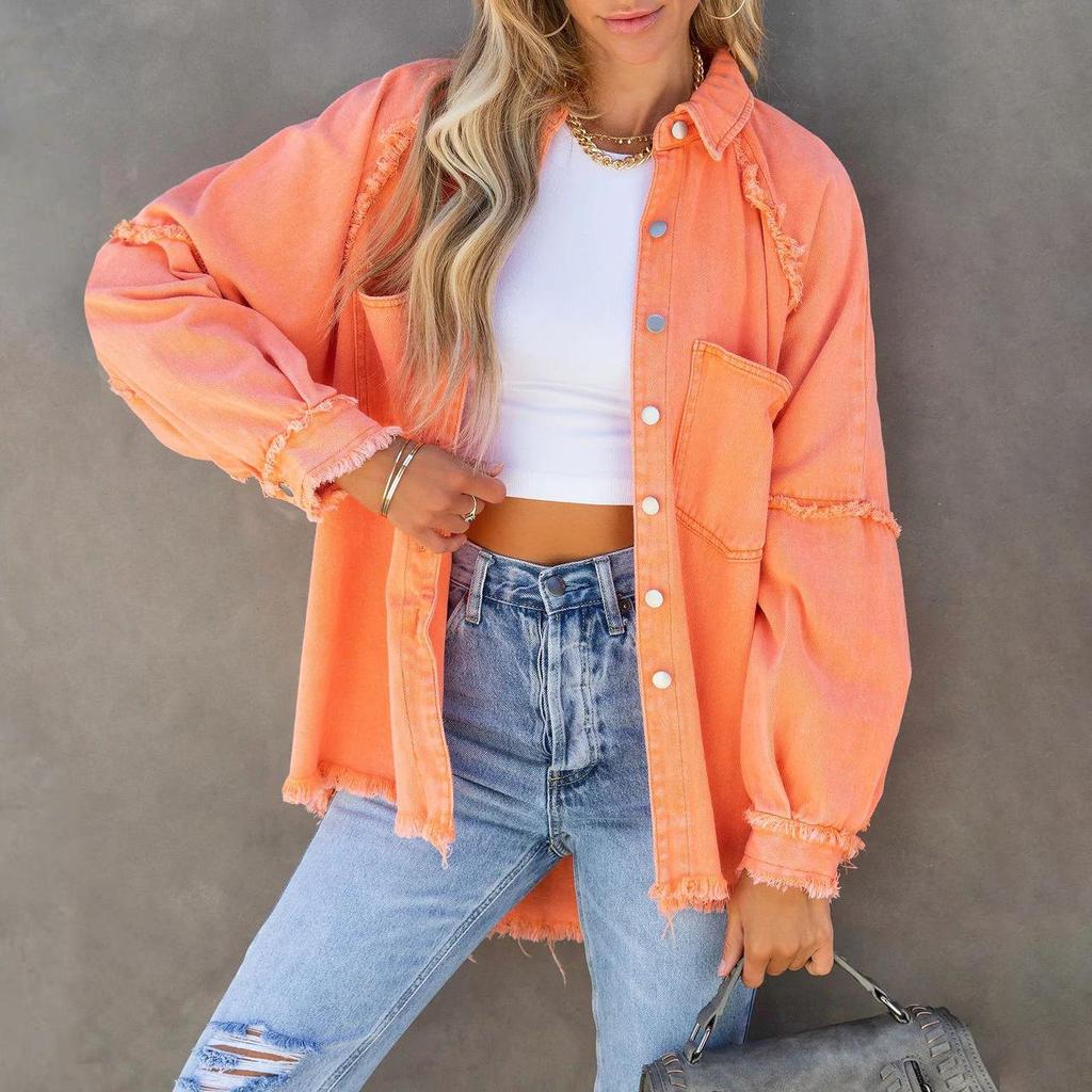 YYFS Autumn Women Denim Jacket Long Sleeve Loose Midi Raw Edge Jacket