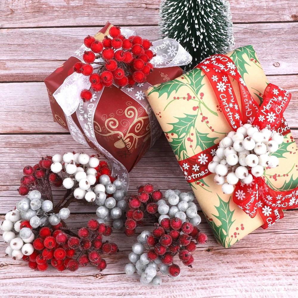 100/20Pcs Artificial Frosted Holly Berries Double Head Mini Foam Berry Stamen Flower Xmas Tree Ornament Christmas Party Decor