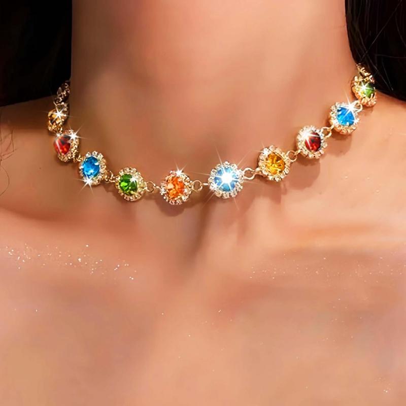 EARENT Colorful Rhinestone Choker Necklace Rainbow Jewelry for Women