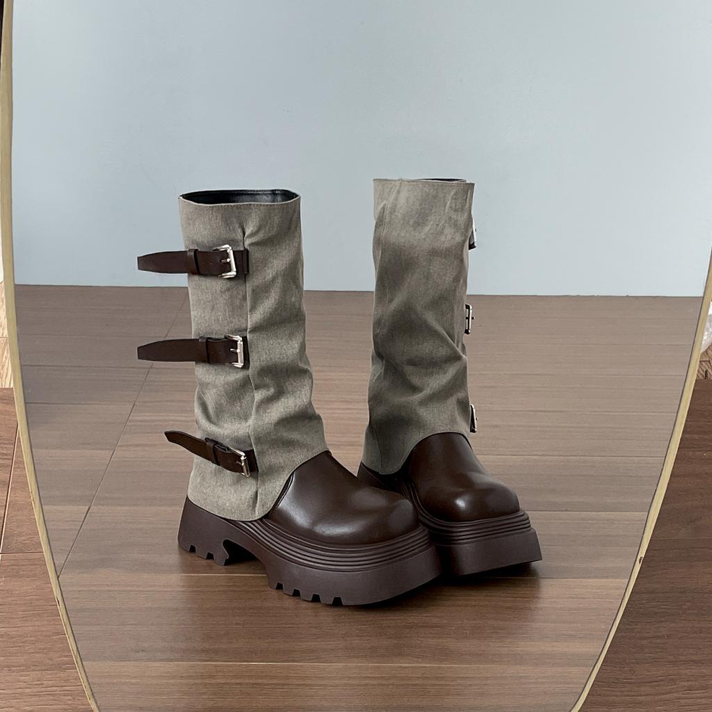 Retro High-end British Style Thick-soled Martin Boots for Women's 2025 New Autumn Skirt To Increase Height and Thin Medium Boots