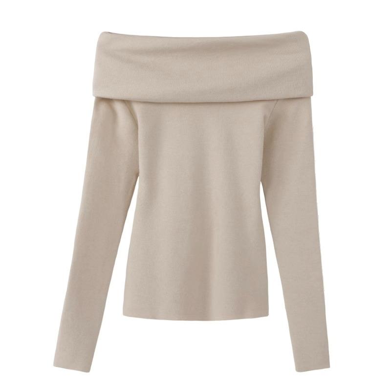 Temperament de primăvară Femei Decolteu oblic Cămăși sexy Elegante Mânecă lungă Umeri goi Bluze tricotate Femei Casual Stradă Solidă Modă Croială slim Topuri 25998