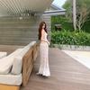 Celebrity Sexy Lace Deep V-neck Neck Dress Three-dimensional Flower Thin Ruffle Edge Split Fork