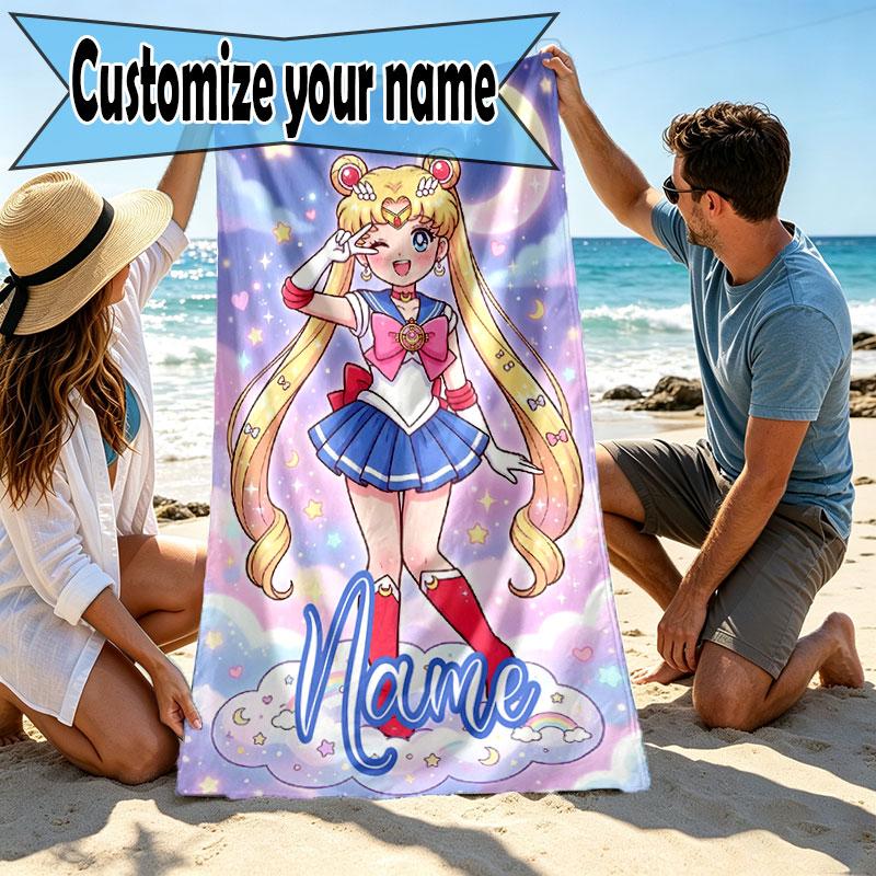 Custom Name Personalized Sailor Moon Print Beach Towel, for Trip Camping Beach Party Home Decor, Birthday Gift for Family & Friends