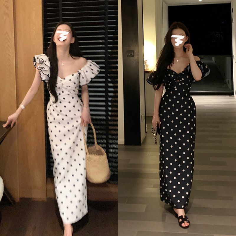 French Temperament One-word Shoulder Polka Dot Slim Tube Top Dress Summer Pure Desire Suspender Dress Waist Skirt Long Dress