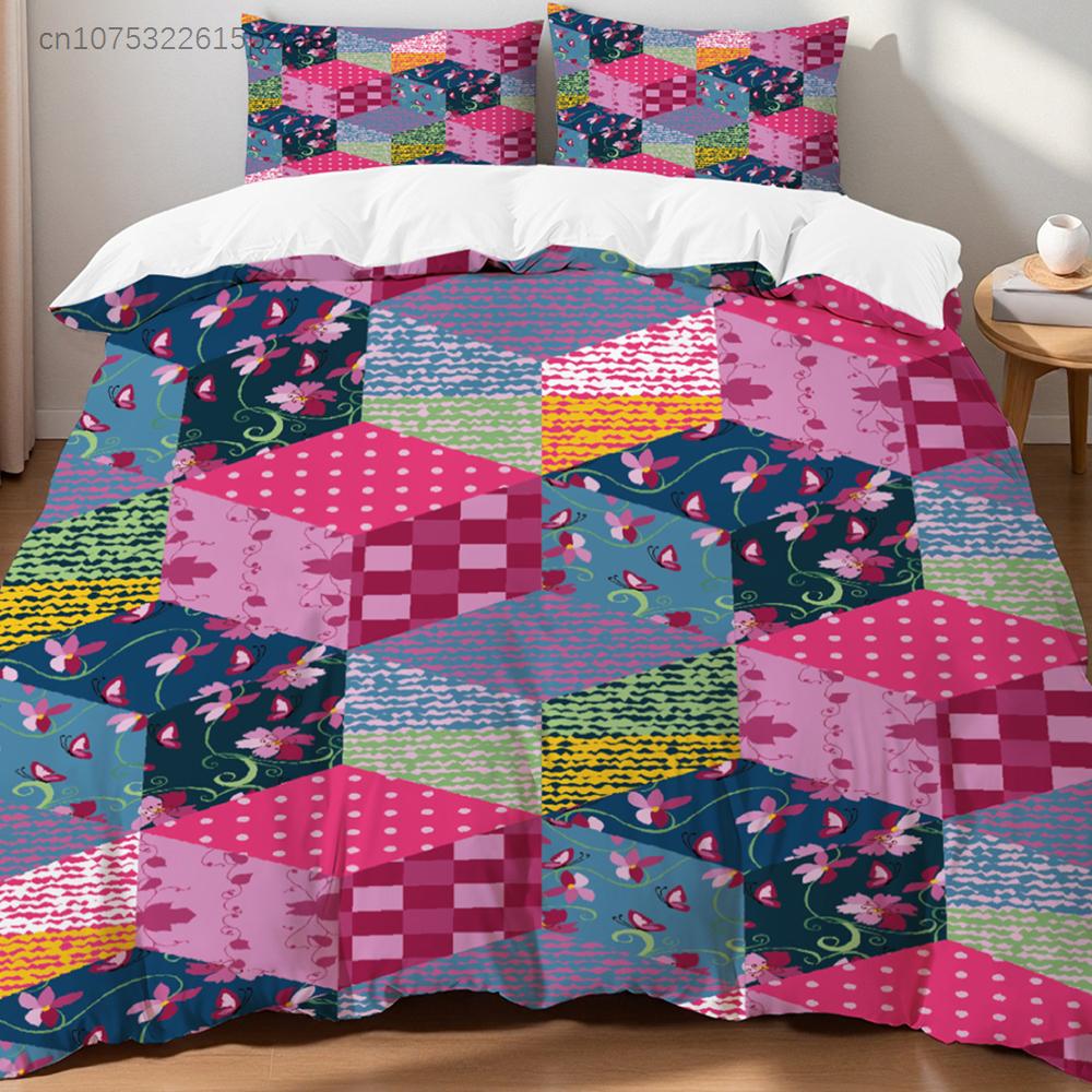 Black White Plaid Bedding Set Floral Embroidery Traditional Ethnic Style Duvet Cover Pillowcase Breathable For Home Bedroom