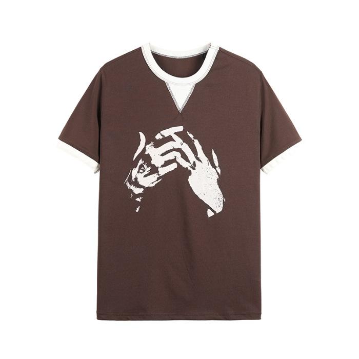 

New Summer Short T-shirt for Men Fake Two-piece Gesture Printed Short-sleeved T-shirt 4XL