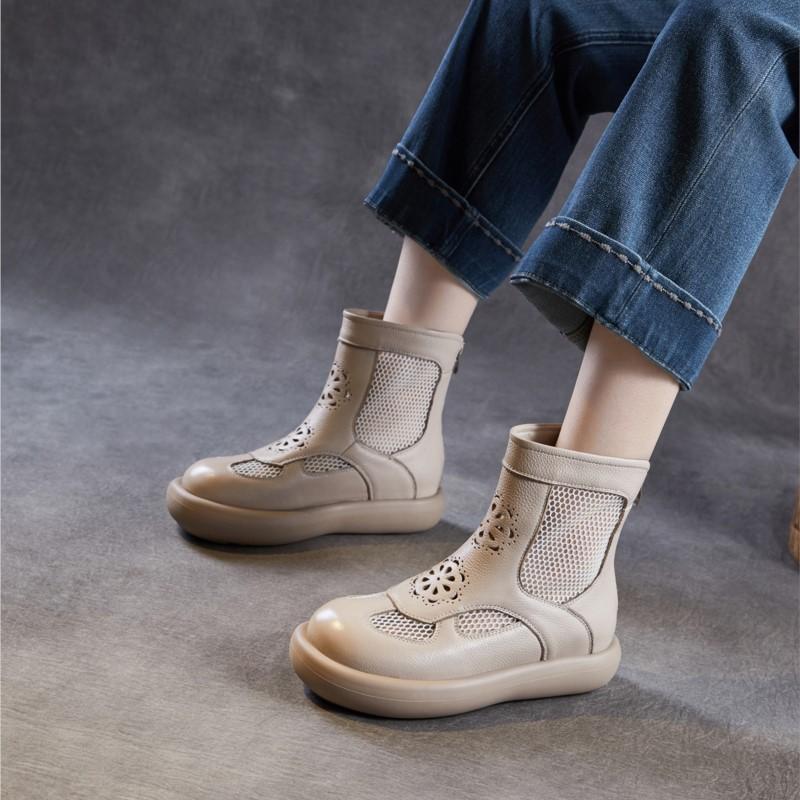Johnature Genuine Leather Thick Soled Roman Women's Summer Boots Hollow-out Breathable Casual Mesh Short Boots