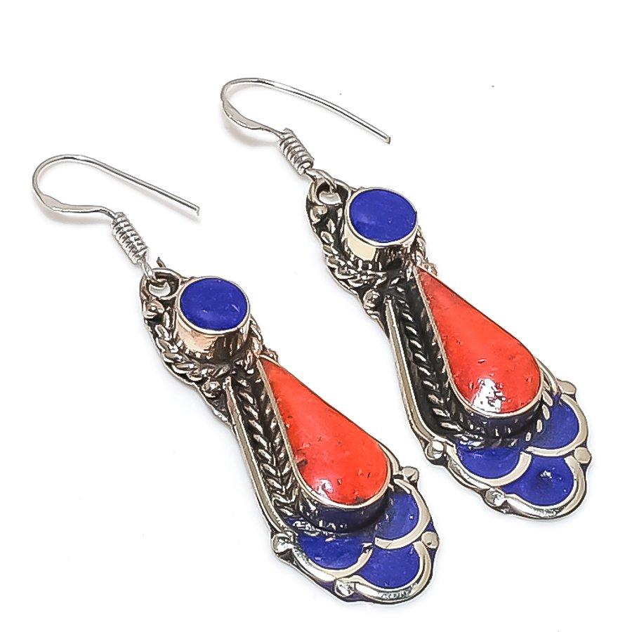 Natural Lapis Lazuli, Coral 925 Sterling Silver Jewelry Earring 2.36" d3M77