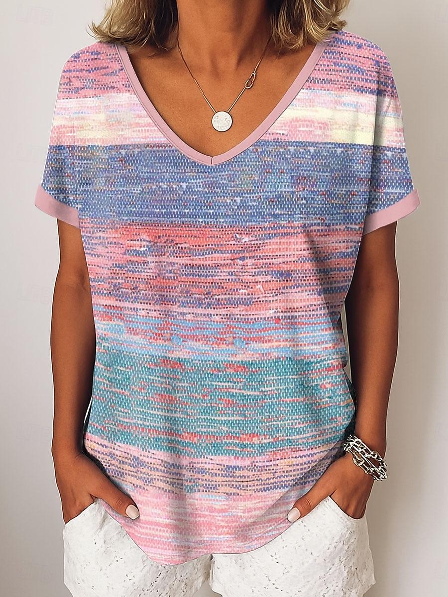 

Women s T Shirt Print Graphic Geometric Striped Vintage Casual Short Sleeve V Neck Regular Tops S