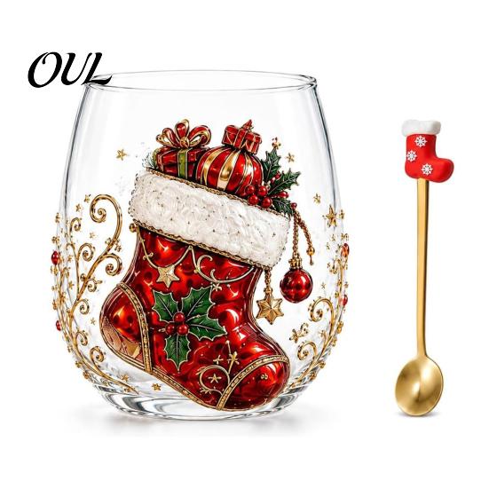 Accessori Cucina Tema Natale Vetro Artistico Tazza con Cucchiaino, Classico Babbo Natale Renna Pupazzo di Neve Bicchieri per Feste Design Tumbler, Bicchieri
