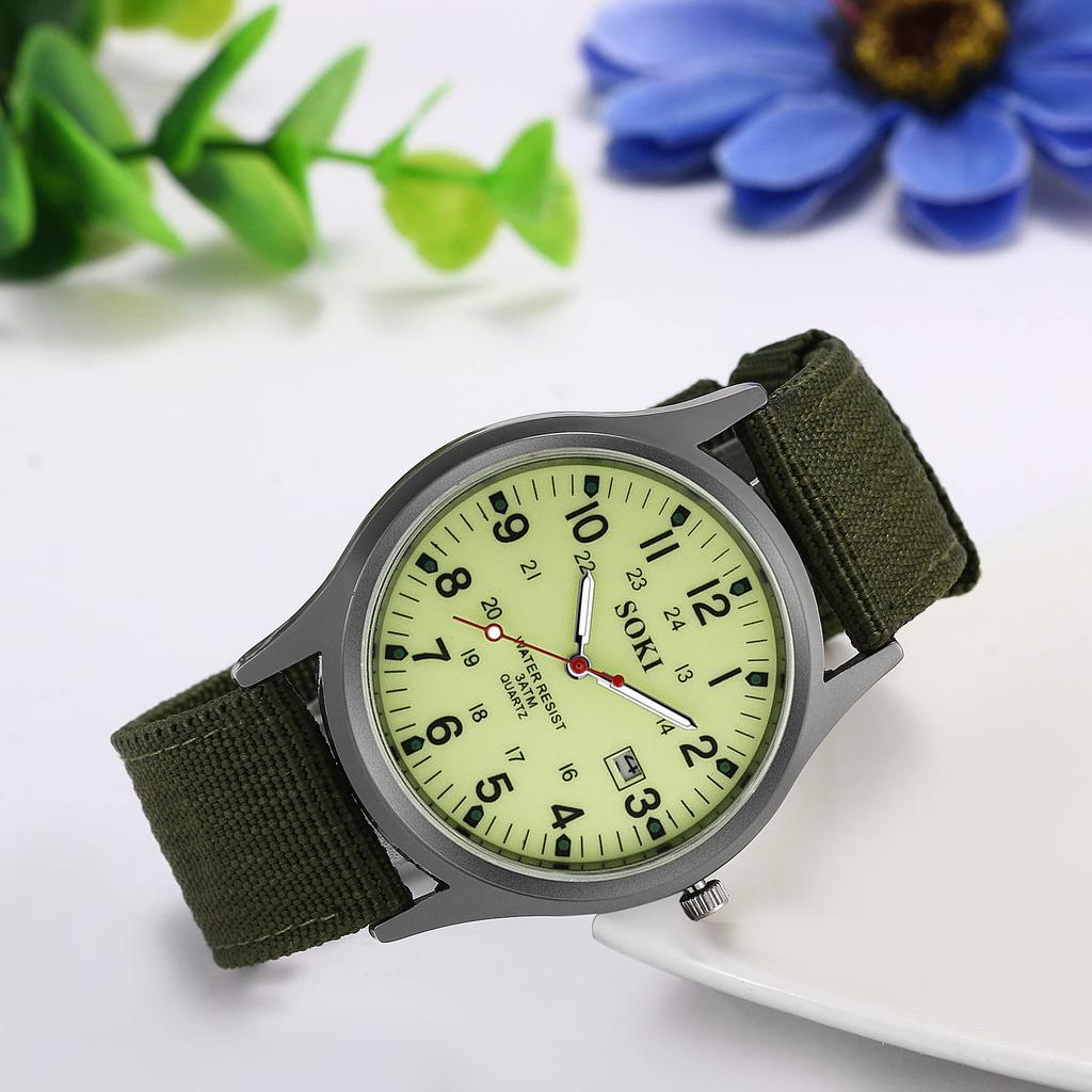 Men's Antique-Style Calendar Watch, Waterproof: Luminous Analog Display, Simple and Stylish Sports Watch, 1224 Quartz Movement, Nylon Strap, Green,