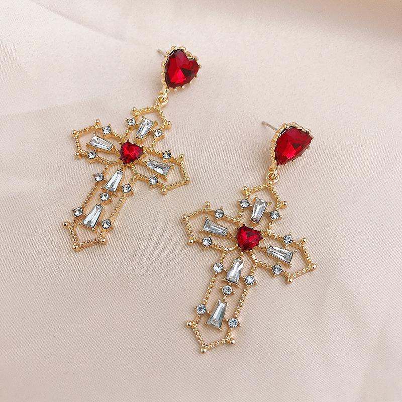 Vintage Red Heart Crystal Earrings For Women Cross Pendant Rhinestone Dangle Earring Jewelry Party Anniversary Gift Pendientes