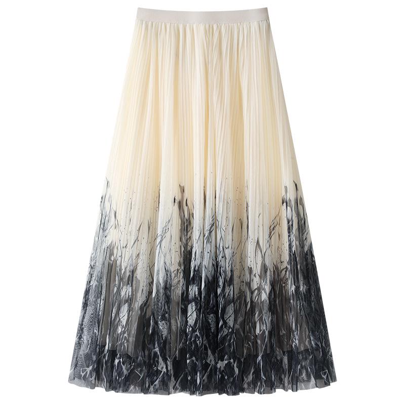 2025 New Ink Painting Midi Skirt for Women: Spring/Summer Slimming Pleated A-Line Umbrella Skirt