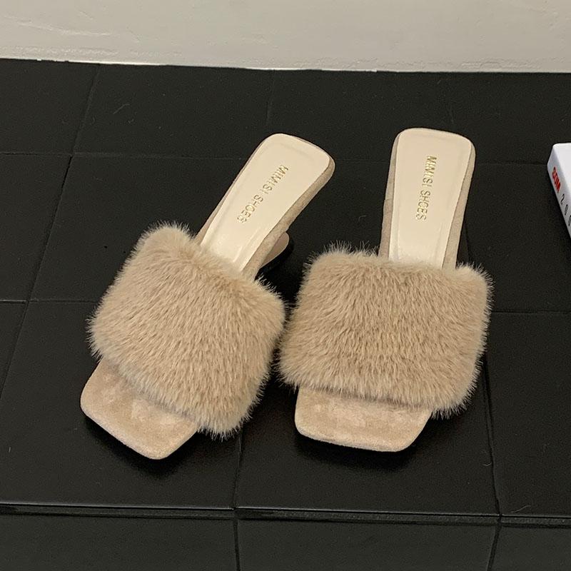 Fashion Female Wedges Footwear Warm Fashion Fur Women Pumps Heels Shoes Slides Square Toe Ladies Heeled Sandals Wedges Shoes