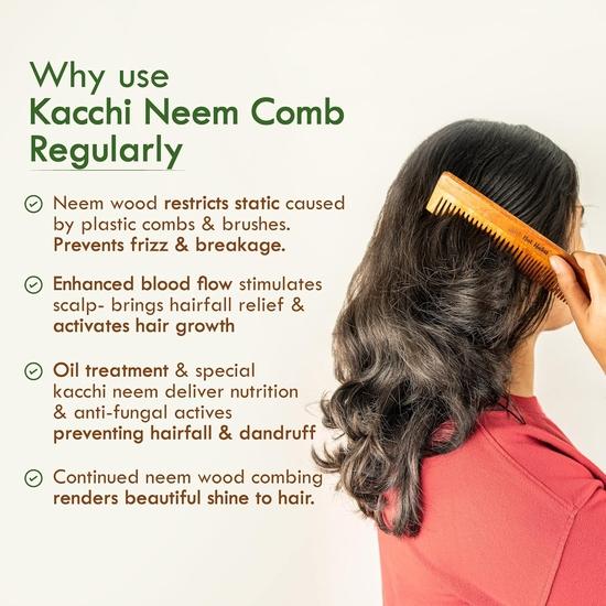 Nat Habit Kacchi Neem Wooden Comb -Soaked In 17 Herbs Neem, Castor & Coconut Oil For Multi-Shine,Suited For All Hair Types (Dual Tooth)