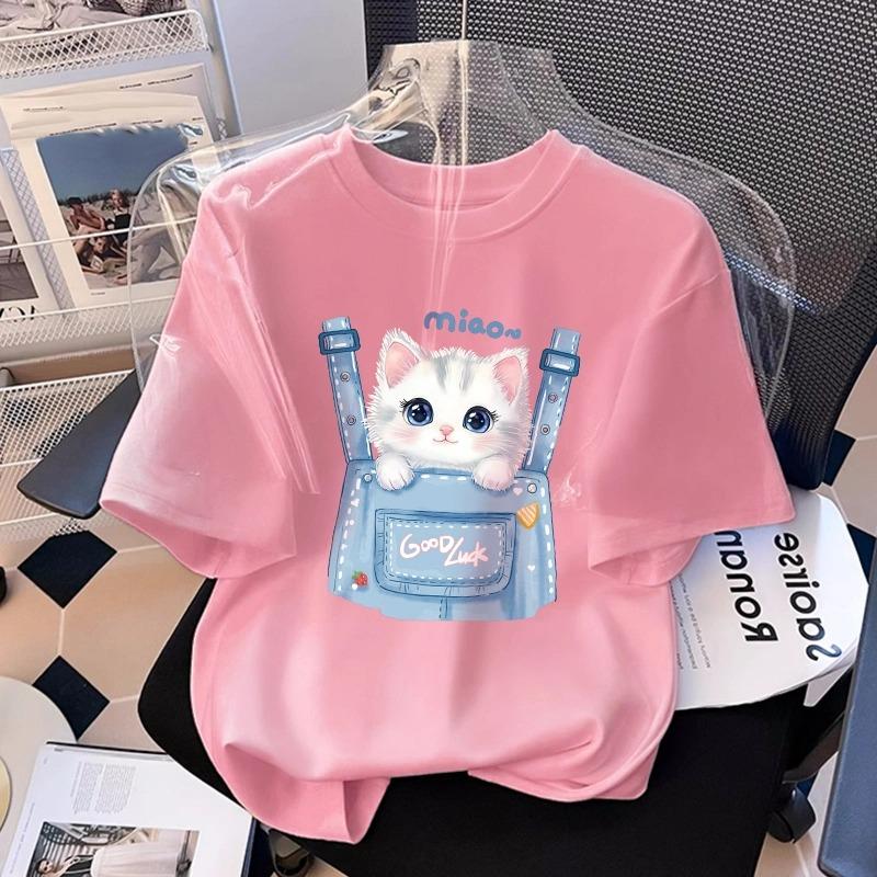 Cartoon Kinder Erwachsene Tier Katze Bedrucktes T-Shirt Sommer Damenmode Mädchen Kurzarm T-Shirt Oberteil Pullover Kleidung