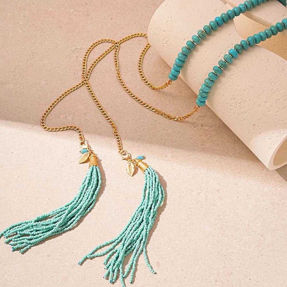 Tassel Pendant Long Turquoise Necklace Hanging Neck Sweater Chain Bohemian Waist Chain Women