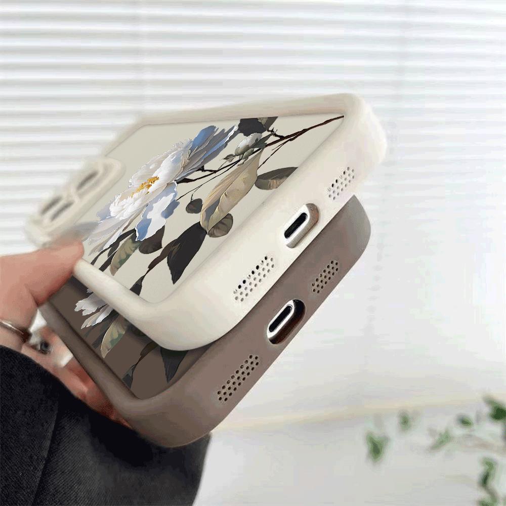 White Peony with Blue Accents Soft TPU Phone Case for iPhone 16 15 14 13 12 11 Pro Max Plus Shockproof Anti-Slip Cover