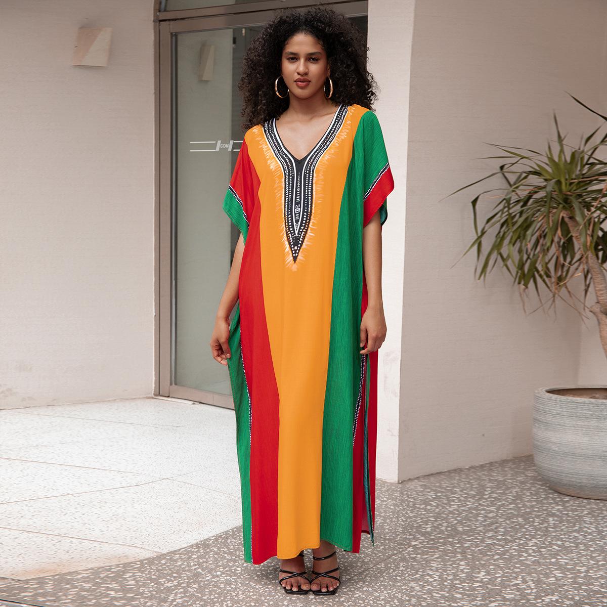 

Женская мода лето весна цвет блок принт рукава 1/2 V-образный вырез свободная талия повседневные платья Size: One Size