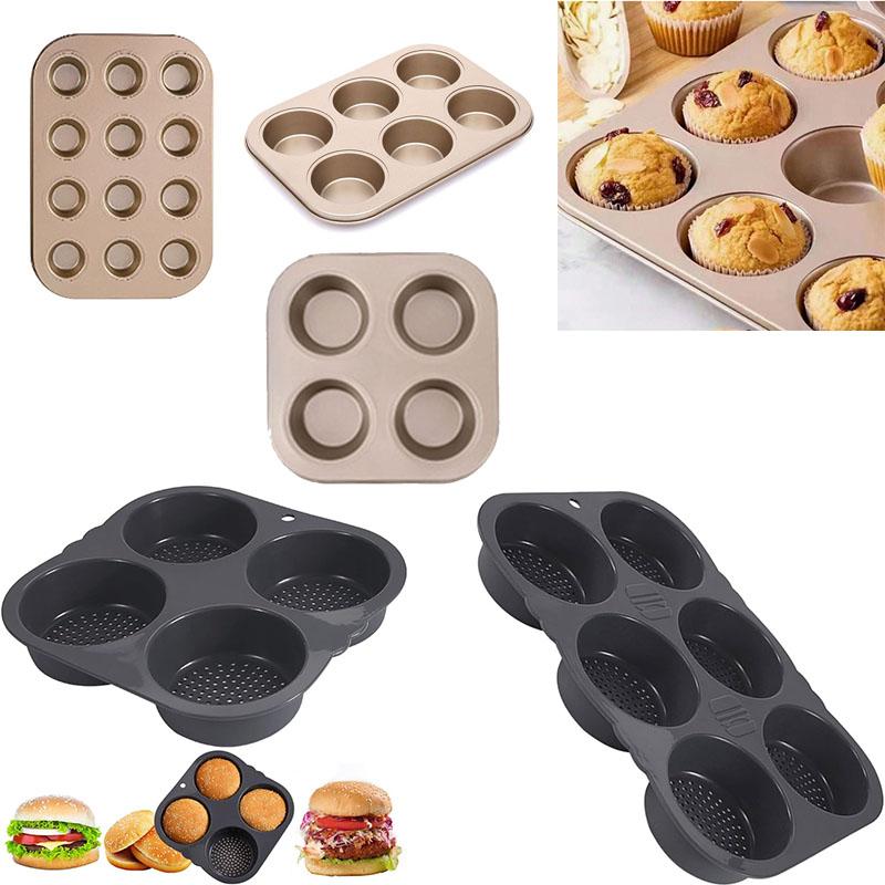 Non-Stick Silicone Hamburger Bun Pan and Muffin Tray Baking Mold for Bread Cupcakes Cakes and Pastries Kitchen Bakeware Tools