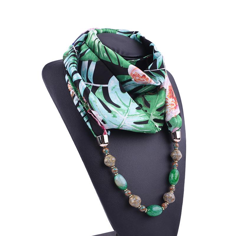 Plant Printing Chiffon Gem Necklace Scarf Women's Spring and Autumn Ethnic Style Natural Stone Necklace Scarf Clothing Collocation