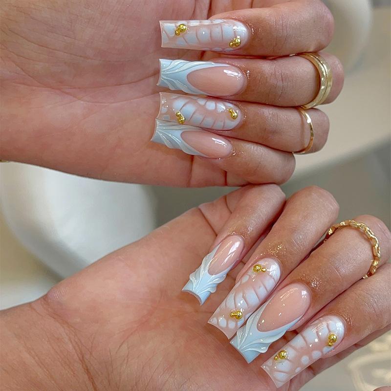 24Pcs Sweet Medium Square False Nails with Glue Blush Pink Flowers Fake Nails Full Cover French Acrylic Press On Nails for Girls