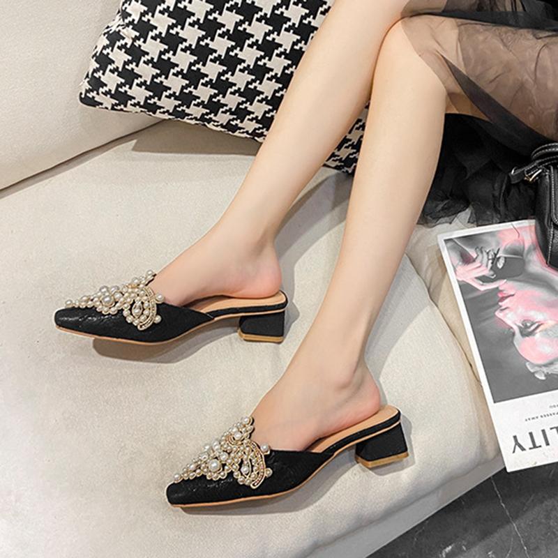 Women's Slippers Mules Summer New Pointed Toe middle Heels Pearl Women Shoes Outdoor Ladies Slippers Dress Women slides Shoe
