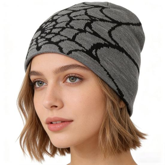 Unisex Knitting Hat Spider Web Pattern Jacquard Design Stretchy Fit Soft Hat Hiking Traveling Outdoors Warm Winter Hat
