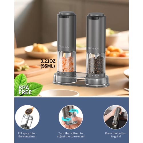 CIRCLE JOY Rechargeable Electric Salt and Pepper Grinder Set with Base, Aluminum Alloy Pepper Mill, 95ml Container, White LED Light, and Adjustable Ex