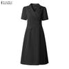 ZANZEA Women Casual Turn Down Collar Solid Color Short Sleeve Dress